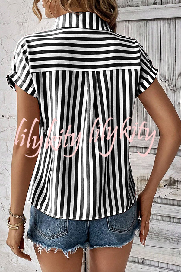 Striped Print Short Sleeve Pocket Shirt Top