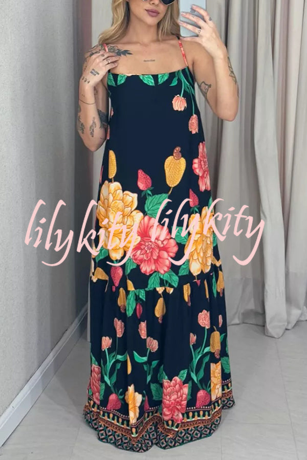 Floral Print Halter Back Loose Pocket Full Hem Maxi Dress