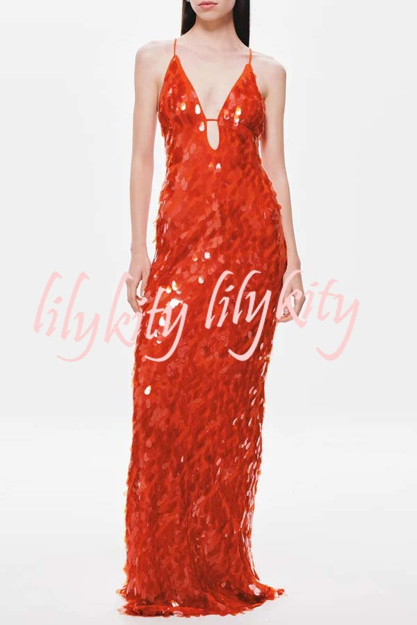 Reshape Beauty Fish Scale Sequin Cutout U-neck Slip Maxi Dress