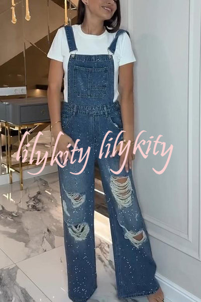 Fashionable Hot Diamond Casual Pocket Ripped Denim Overalls