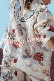 Angel Wings Denim Unique Print Button Up Long Sleeve Pocketed Relaxed Jacket