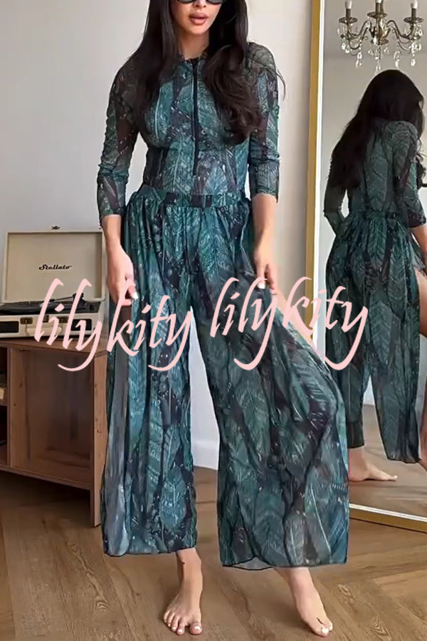 Unique Print One-piece Swimsuit and Cardigan and High Rise Pants Three-piece Set