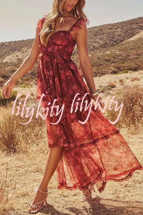 Romantic and Elegant Mesh Floral Back Smocked Tiered Ruffle Maxi Dress