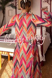 Gypsy Girl Triangle Pattern Tie-up Long Sleeve Midi Cover-up Robe