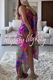 Colorful Printed One-sleeve Slim-fitting Slit Maxi Dress