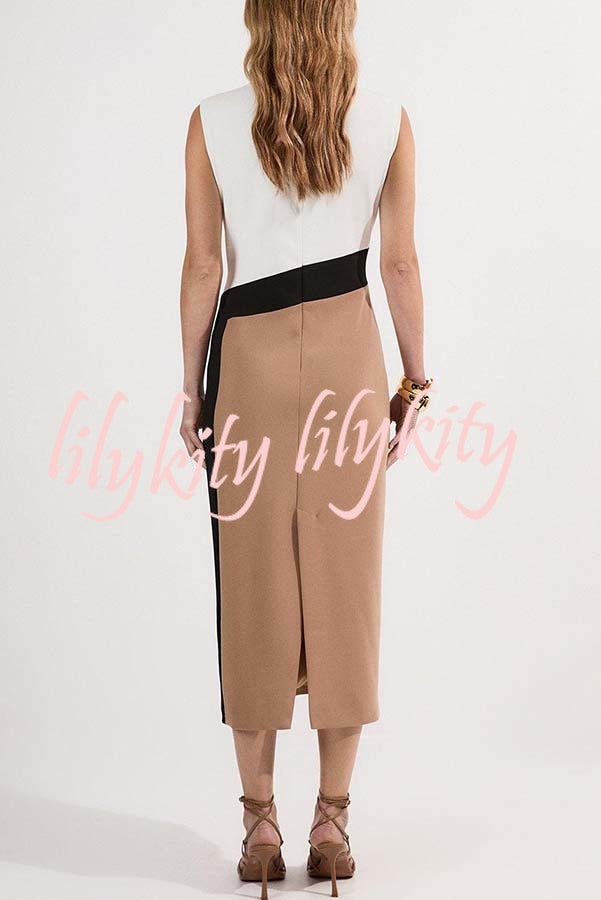 Workwear Day Colourblock Tailored Pencil Slit Stretch Midi Dress