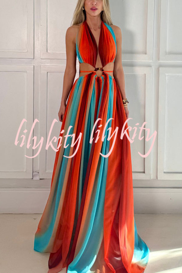 Variety of Styles Tulle Printed Ring Hollow Design Slit Vacation Maxi Dress