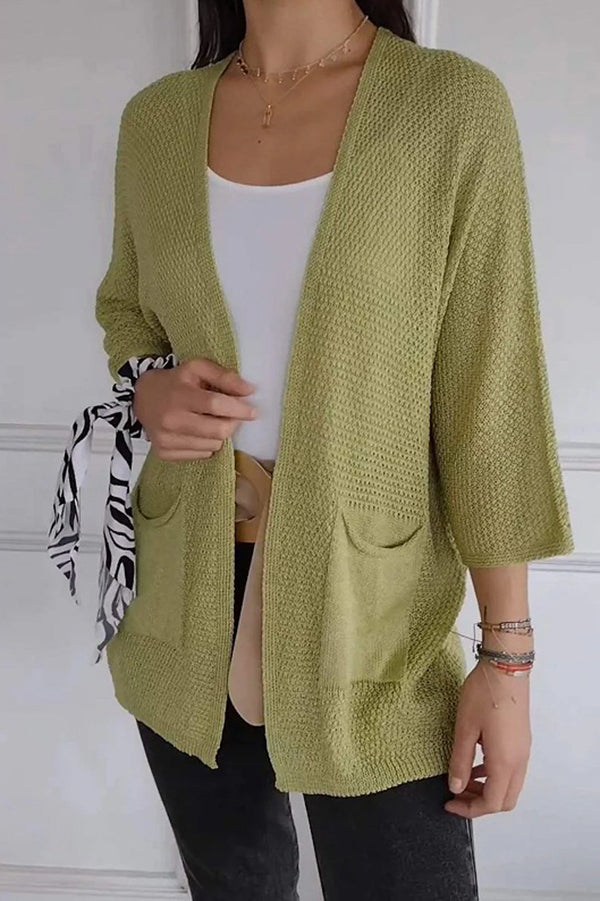 Solid Color Loose Long Sleeve Pocket Knitted Cardigan