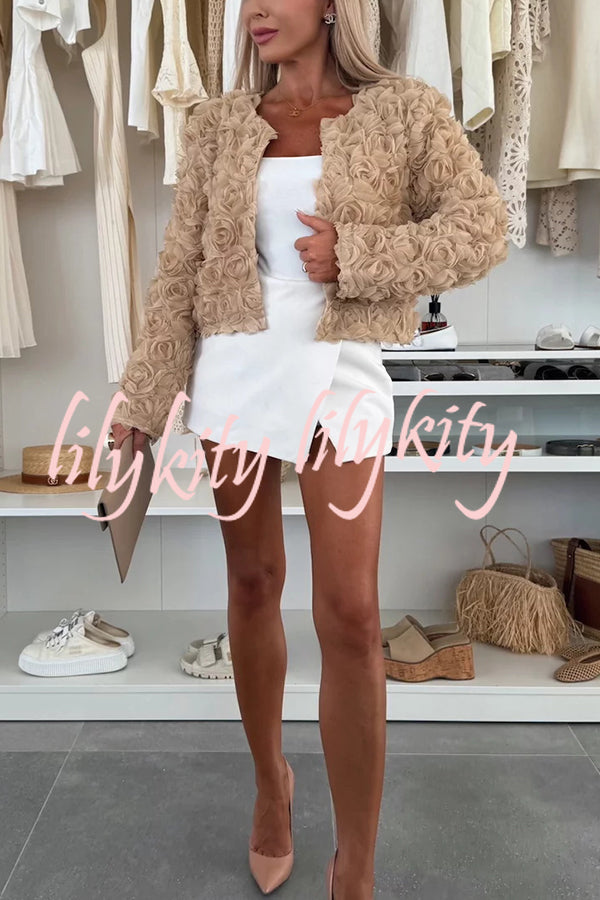 Fashionable Three-dimensional Flower Casual Long-sleeved Cropped Jacket