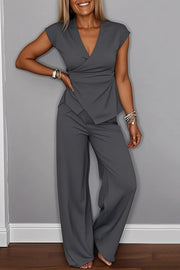 Solid Color V-neck Metal Buttoned Pleated Top and Casual Straight Pants Set