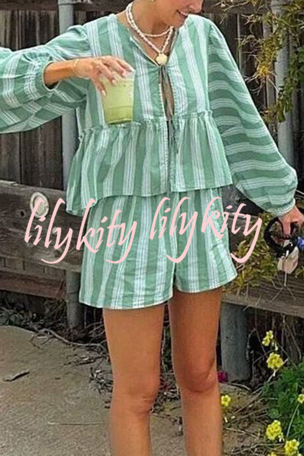 Stylish Striped Print V-neck Tie Top and Elastic Waist Loose Shorts Set