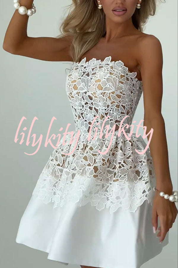 Angie Embroidered Floral Lace Patchwork Off Shoulder Tulip Hem Mini Dress