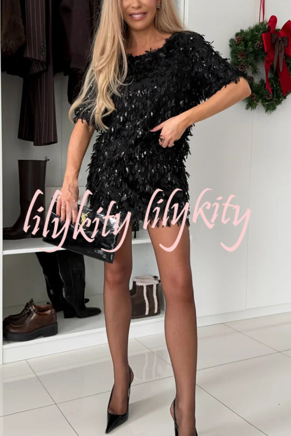 Polished Uptown Sequin Tassel Round Neck Short Sleeve Top and Elastic Waist Mini Skirt Set