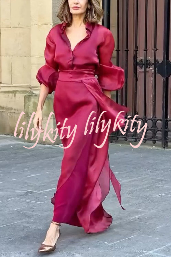Lily Chiffon Bow Detail Puff Sleeve Blouse and Elegant Layered Maxi Skirt Set