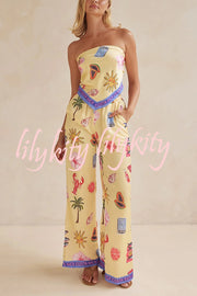 Linen Blend Unique Printed Bandeau Top and Elastic Waist Pocket Pants Set