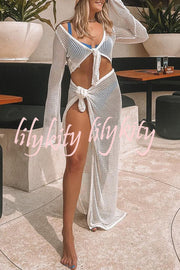 Knitted Slit See Through Hollow Tie Skirt Suit