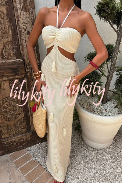 Fashion Halterneck Waist-baring Tassel-embellished Knitted Maxi Dress