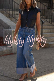 Stylish Weekend Faux Leather Button Up Cape Sleeve Pocket Crop Top