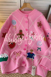 Argyle Candy Gingerbread Man Embroidered Button-knit Cardigan