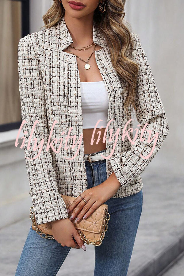 Ask You Out Tweed Plaid Long Sleeve Open Front Blazer