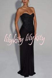 Carina Sequined and Satin Jersey Off Shoulder Ruched Knot Drape Maxi Dress
