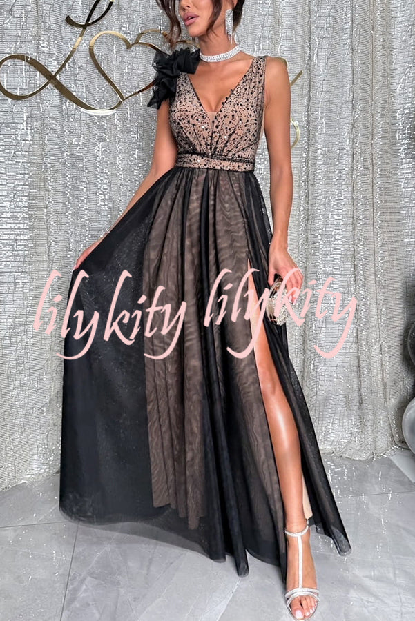 Everlasting Party Sequin Tulle Ruffles Shoulder Design Slit Maxi Dress