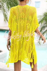 Knitted Hollow V Neck Tie Slit Cover Up
