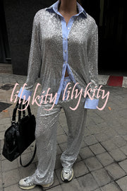 Fashion Sequined Loose Long-sleeved Shirt and Casual Elastic Waist Wide-leg Pants Set