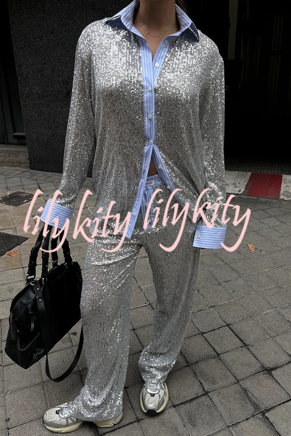 Fashion Sequined Loose Long-sleeved Shirt and Casual Elastic Waist Wide-leg Pants Set