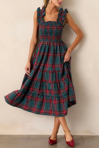 Plaid Print Ruffled Halter Pleated Sleeveless Casual Midi Dress