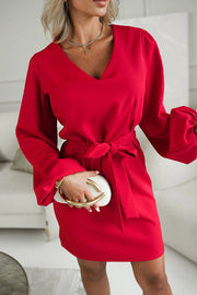 Holiday Gatherings V-neck Long Balloon Sleeve Tie-up Waist Loose Mini Dress
