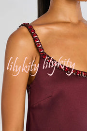 Taste Red Wine Satin Gemstone Trim Round Neck Slip H-line Mini Dress