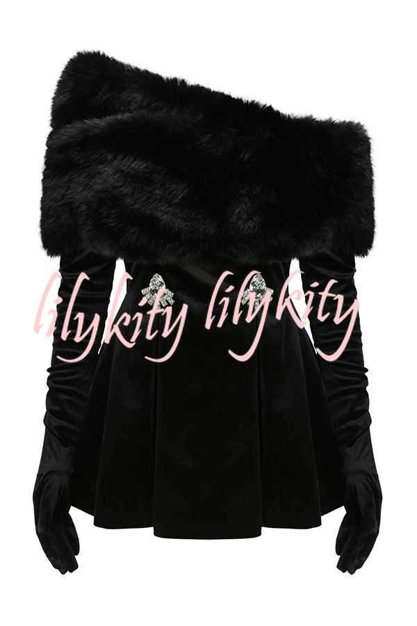 Stylish Velvet Off-shoulder Fitted Mini Dress and Fluffy Shawl, Velvet Gloves Three-piece Set