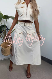 Athleisure Zipper Pocket Sleeveless Jacket and Belted Cargo Midi Skirt Set