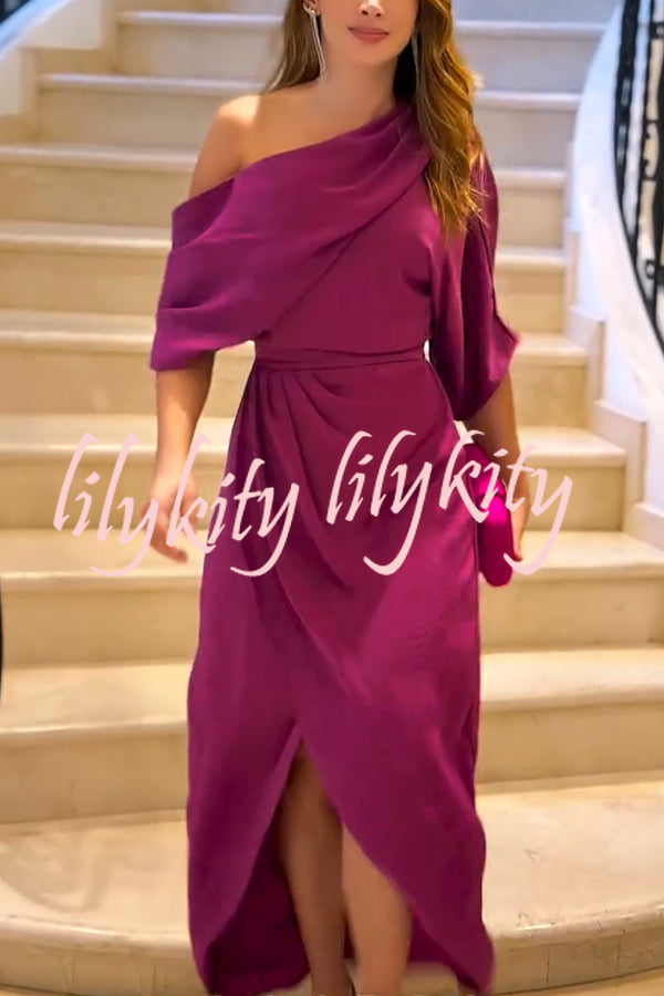 Whispered Yes Satin Irregular Lapel Neckline Design Ruched Maxi Dress