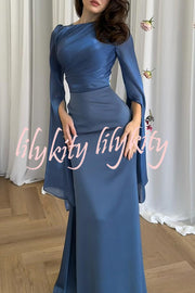 Liora Ruched Organza and Satin Patchwork Design Long Bell Slit Sleeve Maxi Dress