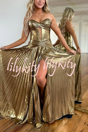 Dazzling Metallic Fabric Cross Strapless Cutout Slit Pleated Maxi Dress