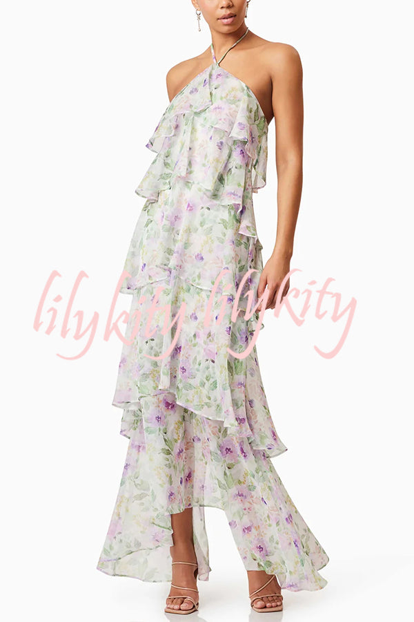 Cocktail Party Sheer Floral Georgette Halter Flowy Tiered Maxi Dress