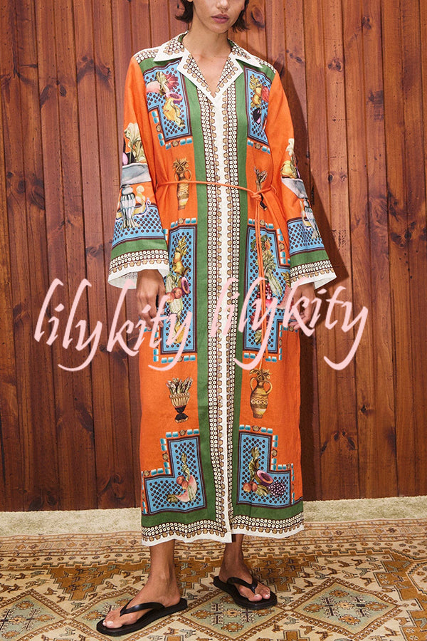 Linen Blend Unique Print Tie-waist Casual Maxi Dress