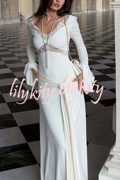 Fashion Lace Splicing Sexy V-neck Long-sleeved Slim Maxi Dress