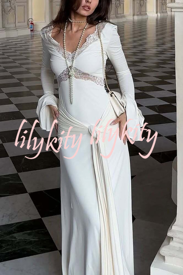 Fashion Lace Splicing Sexy V-neck Long-sleeved Slim Maxi Dress