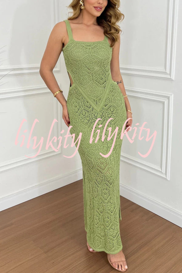 Zafina Crochet Knit Cutout Waist Texture Slit Stretch Maxi Dress