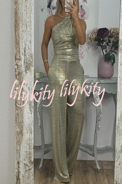 Shining Moment Metallic Fabric One Shoulder Ruched Tank and Pocketed Loose Stretch Pants Set