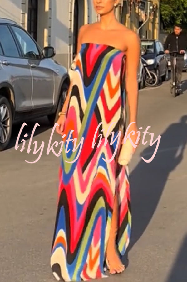 Kennedy Unique Print Off Shoulder Side Slit H-line Maxi Dress