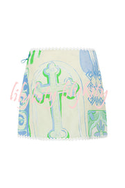 Pierre Linen Blend Ric Rac Trims Unique Print Short Sleeve Shirt and Wrap Tie-up Mini Skirt Set