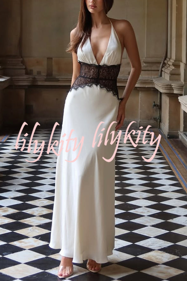 Seductive Details Satin Lace Waist Halter Tie-up Backless Maxi Dress