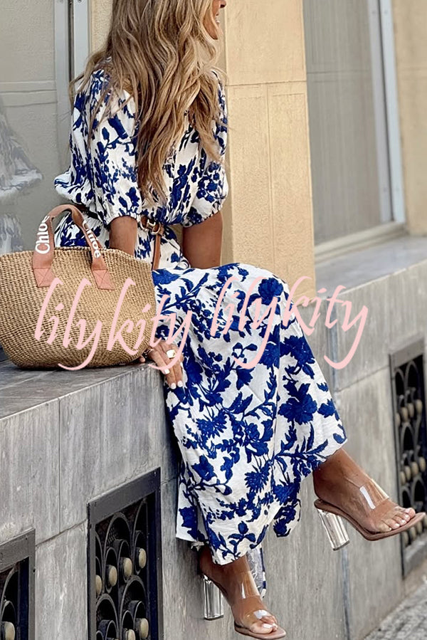 Plant Print V-neck Half-sleeve High Waist Casual Maxi Dress