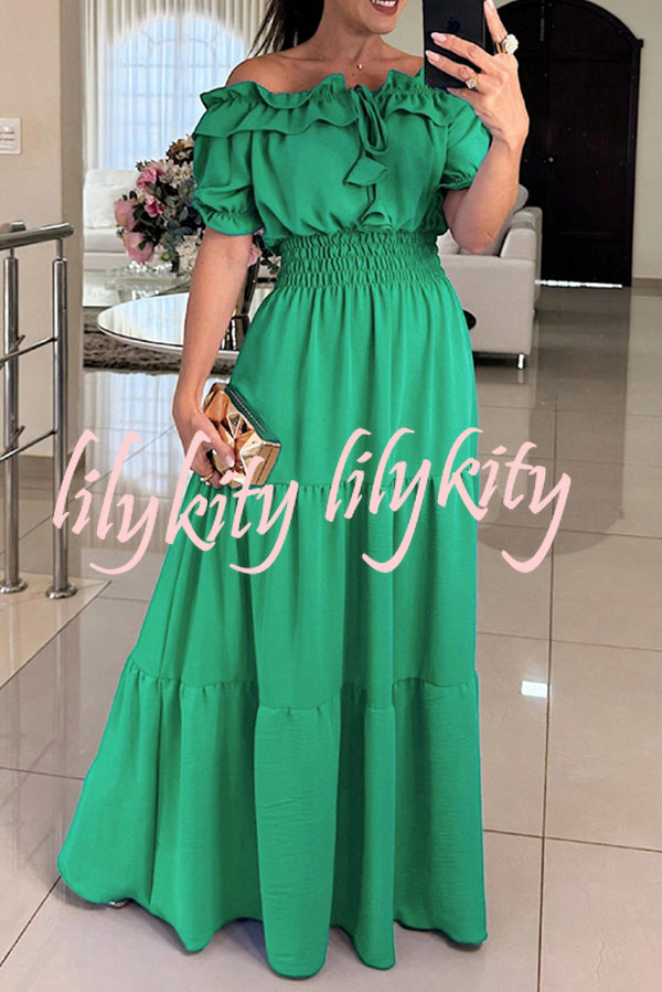 Admit Your Feelings Off Shoulder Smocked Waist Maxi Dress