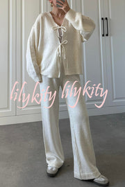 Solid Color V-neck Tie Long-sleeved Loose Knit Cardigan and Elastic Waist Casual Straight Leg Pants Set