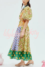 Linen Blend Unique Print Lapel Puff Sleeve Casual Midi Dress